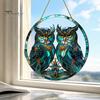 Indoor Outdoor Ornament Double Owl Suncatcher Window Hanging Ornament, Stained Glass Style Circular Wall Sunlight Shadow Display Decor, Green Art for