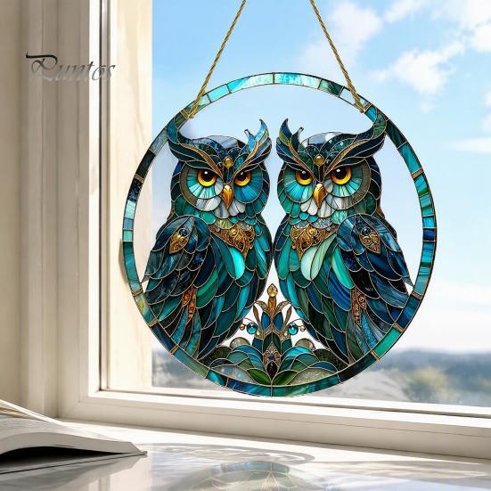 Indoor Outdoor Ornament Double Owl Suncatcher Window Hanging Ornament, Stained Glass Style Circular Wall Sunlight Shadow Display Decor, Green Art for