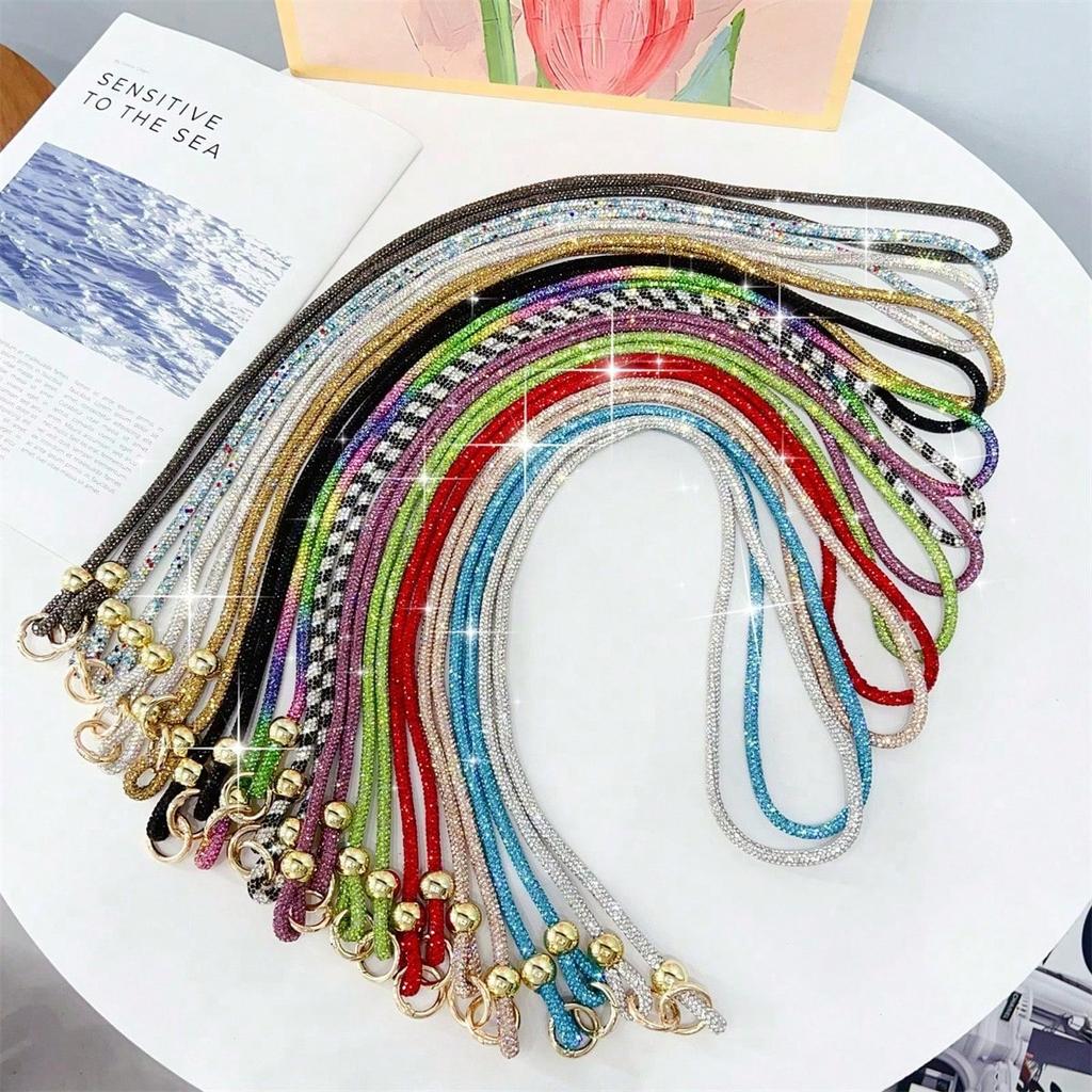 Cadena Larga para Colgar el Teléfono con Cuentas de Diamante Completo Lanyard Cruzado Largo de Pedrería Colgante de Bolso con Cuentas Doradas