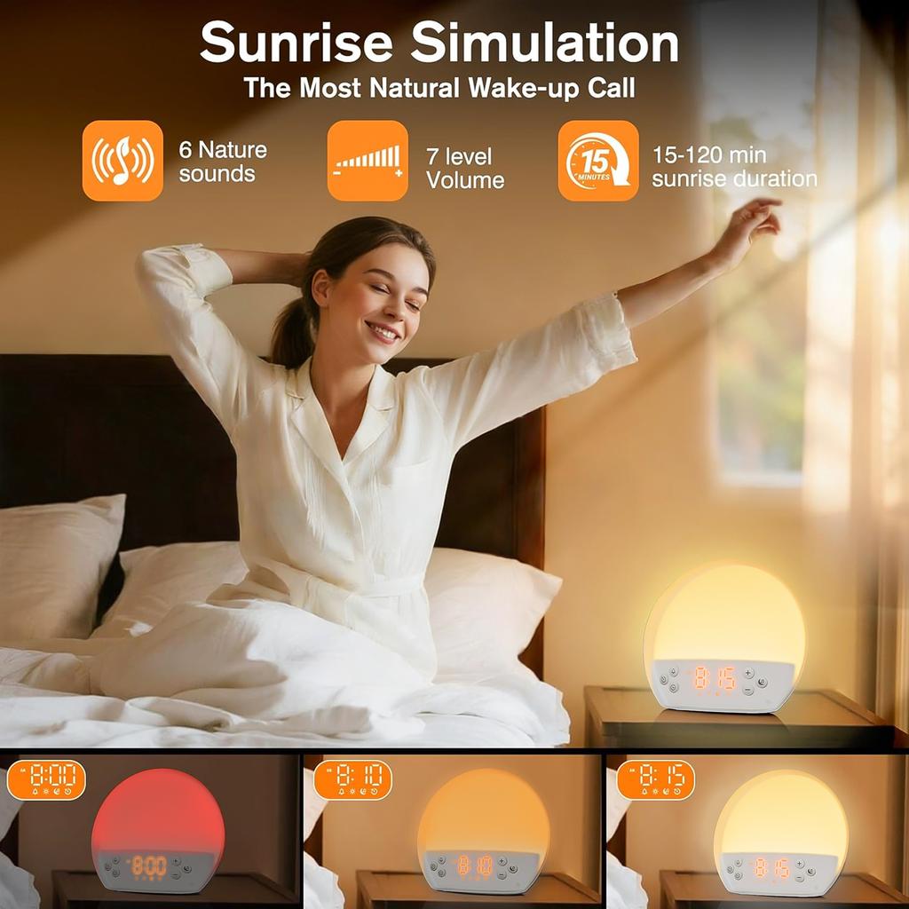 Wake Up Lights Bedside Dimmable Night Light with 30 Sleep Sounds White Noise Machine Sunrise Alarm Clocks for Heavy Sleeper Gift