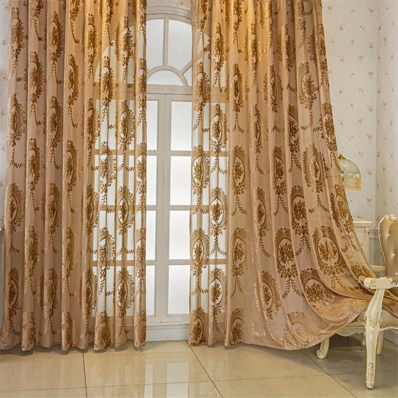 1PC Velvet Cut Embroidered Court Sheer Curtain Vintage Pattern Living Room Bedroom Gold Romantic Lace Sheer Curtain, Flower Lace Window Curtains