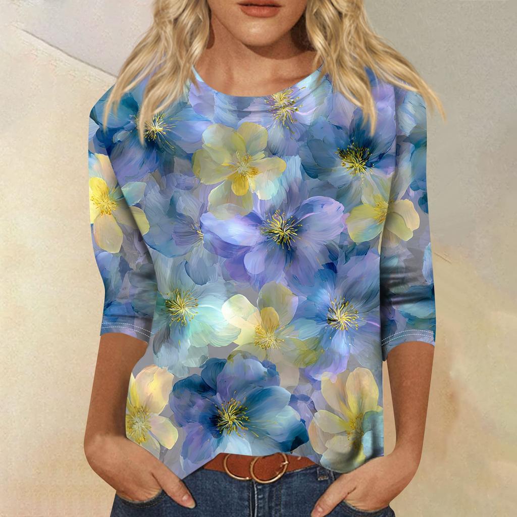 Women’s Crew Neck 3/4 Sleeve Casual Top with Floral Print Lightweight Pullover Loose Fit Blouse for Everyday Wear