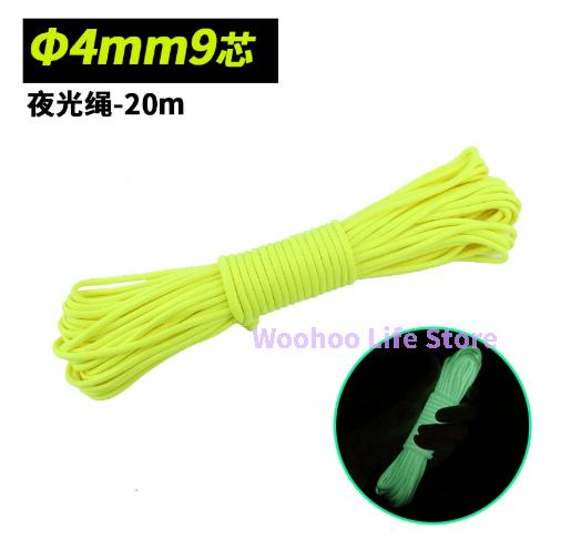 Glow In The Dark Paracord 9 Strand Nylon Camping Rope Fluorescent Survival Paracord Heavy Duty Tent Guy Rope 20m