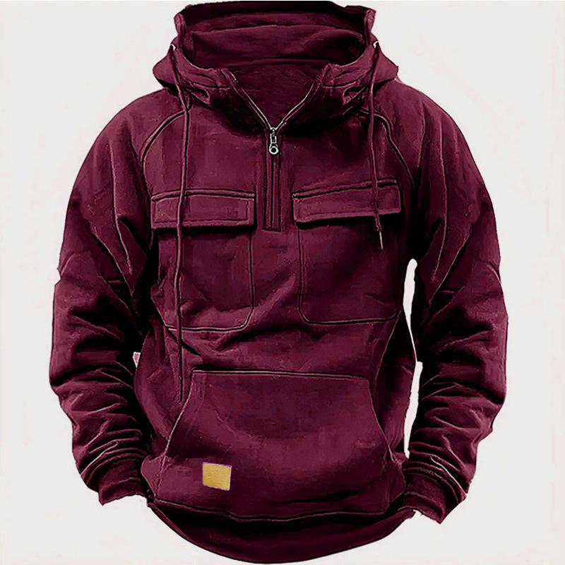 Men's Hooded Sweatshirt with Multiple Pockets and Drawstring Zip-Up Pullover for Sports, Leisure and Outdoor Wear