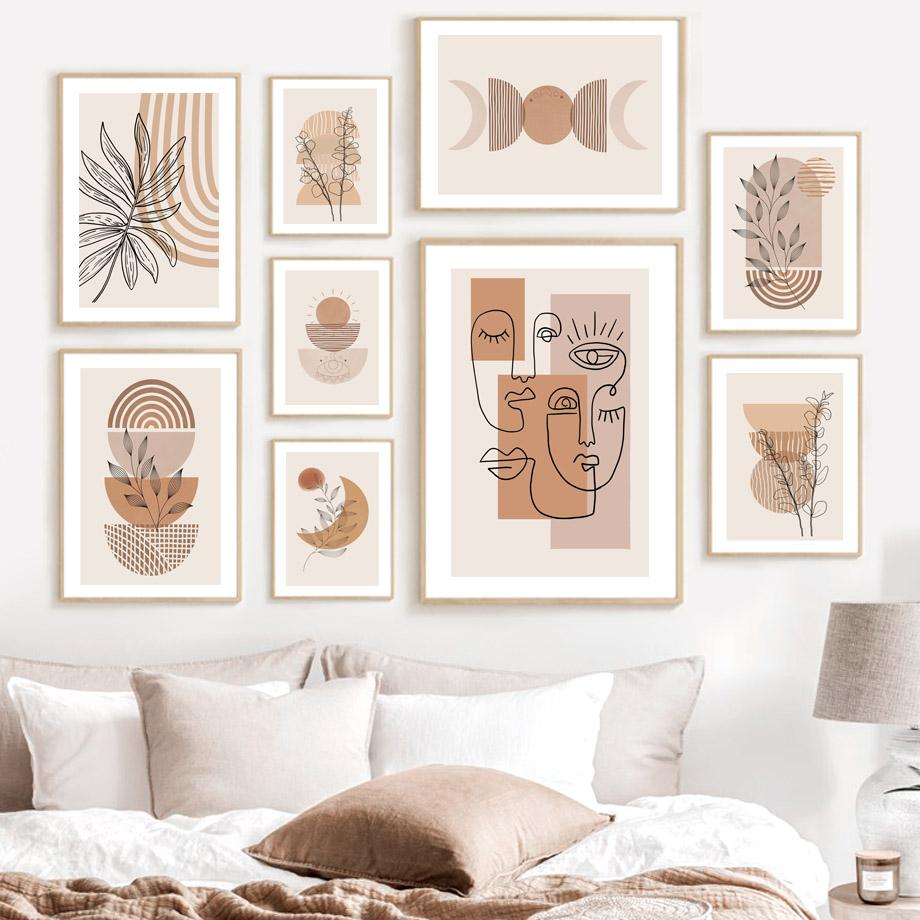 Boho Abstract Line Face Moon Rainbow Leaves Wall Art Canvas Painting Nordic Posters And Print Wall Picture For Living Room Decor