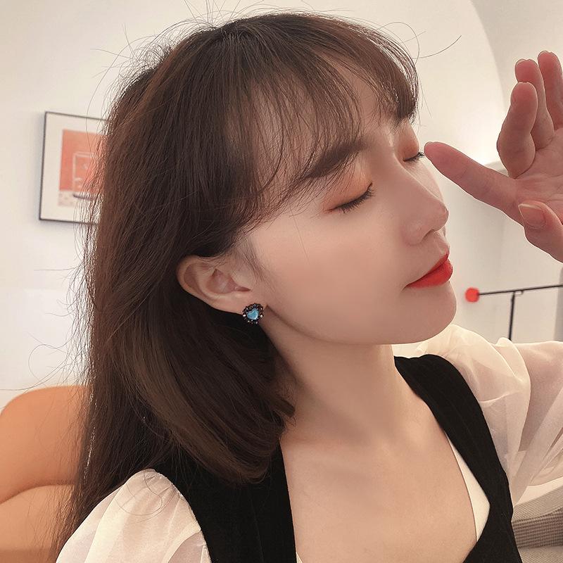 Aiguille en Argent 925 Cœur Noir & Cristal Bleu Brume Boucles d'Oreilles Coréennes Clips d'Oreilles