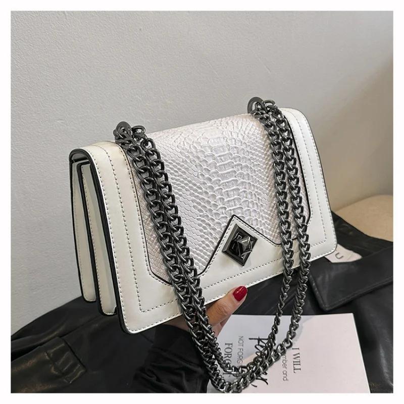 Geantă de umăr retro crossbody pentru femei metal turn lock decorare cântare de pește PU material lanț moda doamnelor