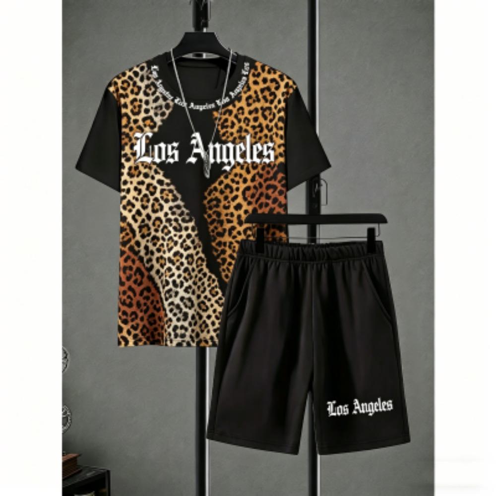 Men's Set Letter Leopard Colorful Printed Men's T-shirt and Shorts 2 Piece Set Summer Casual Outdoor Men's and Women's Outfit Clothing