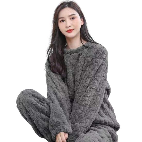 2 Pcs/Set Unisex Winter Pajamas Set Round Neck Solid Color Thickened Coral