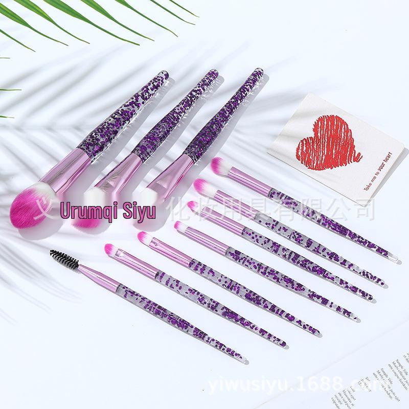 10-Piece Crystal Handle Makeup Brush Set: Includes Powder, Blush, Eyeshadow Brushes - Perfect for Beginners.