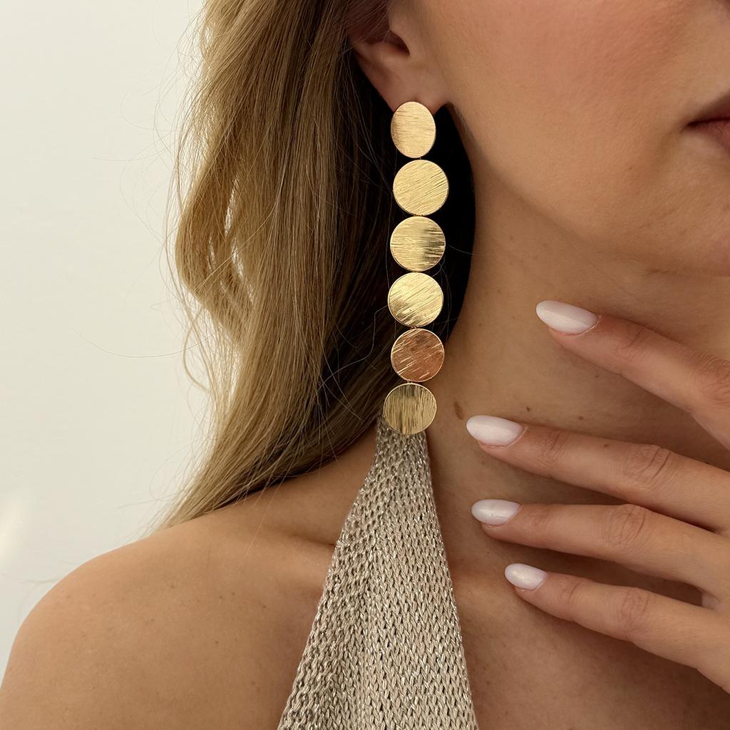 SHIXIN Elegant Metal Sequins Long Drop Earrings for Women Minimalist Geometry Round Hanging Pendant Earring Fashion Jewelry Gift