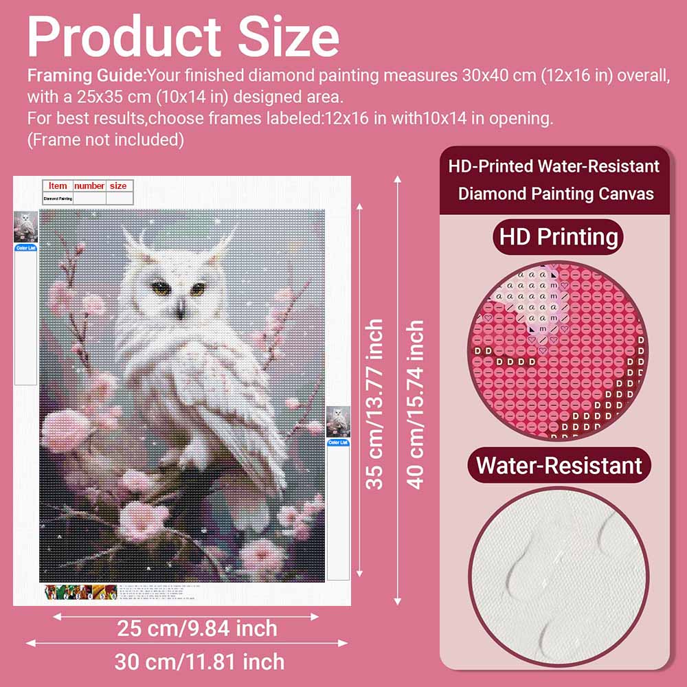 Diamantmalerei DIY-Set weiße Schneeeule mit Kirschblüten Kunst für Wohnzimmerdekoration