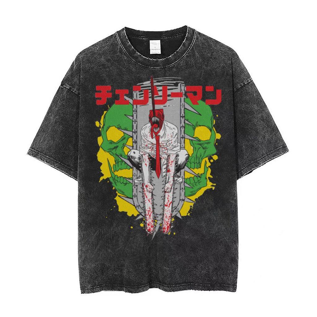 Kettensägenmann Denji Kettensägenform Bedrucktes T-Shirt für Herren und Damen Gewaschenes T-Shirt Hohe Qualität Vintage T-Shirt Harajuku Oberteile
