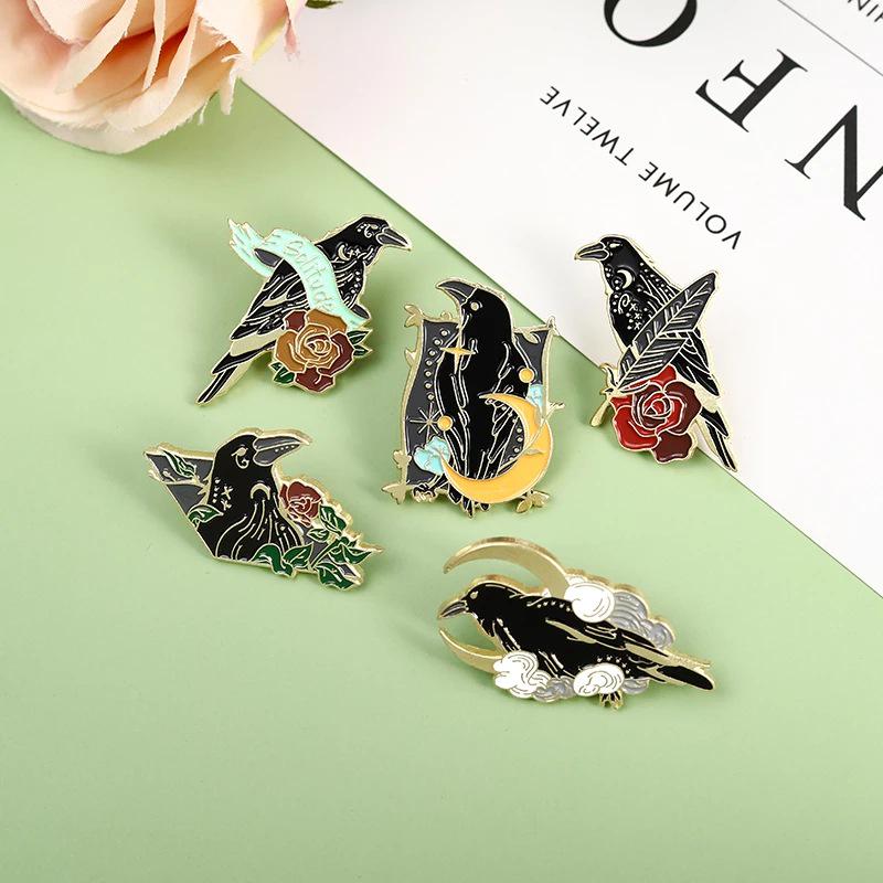 Crescent Ribbon Flower Brooch: Trendy Black Feather Crow Fashion Accessory