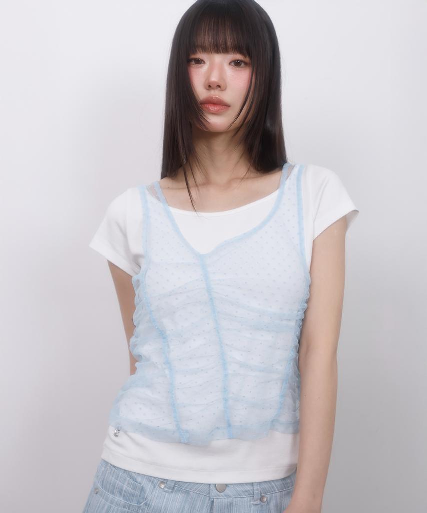 LMR Two-Way Lace Shirred Layered Short Sleeve T-Shirt Ivory / Sky Blue