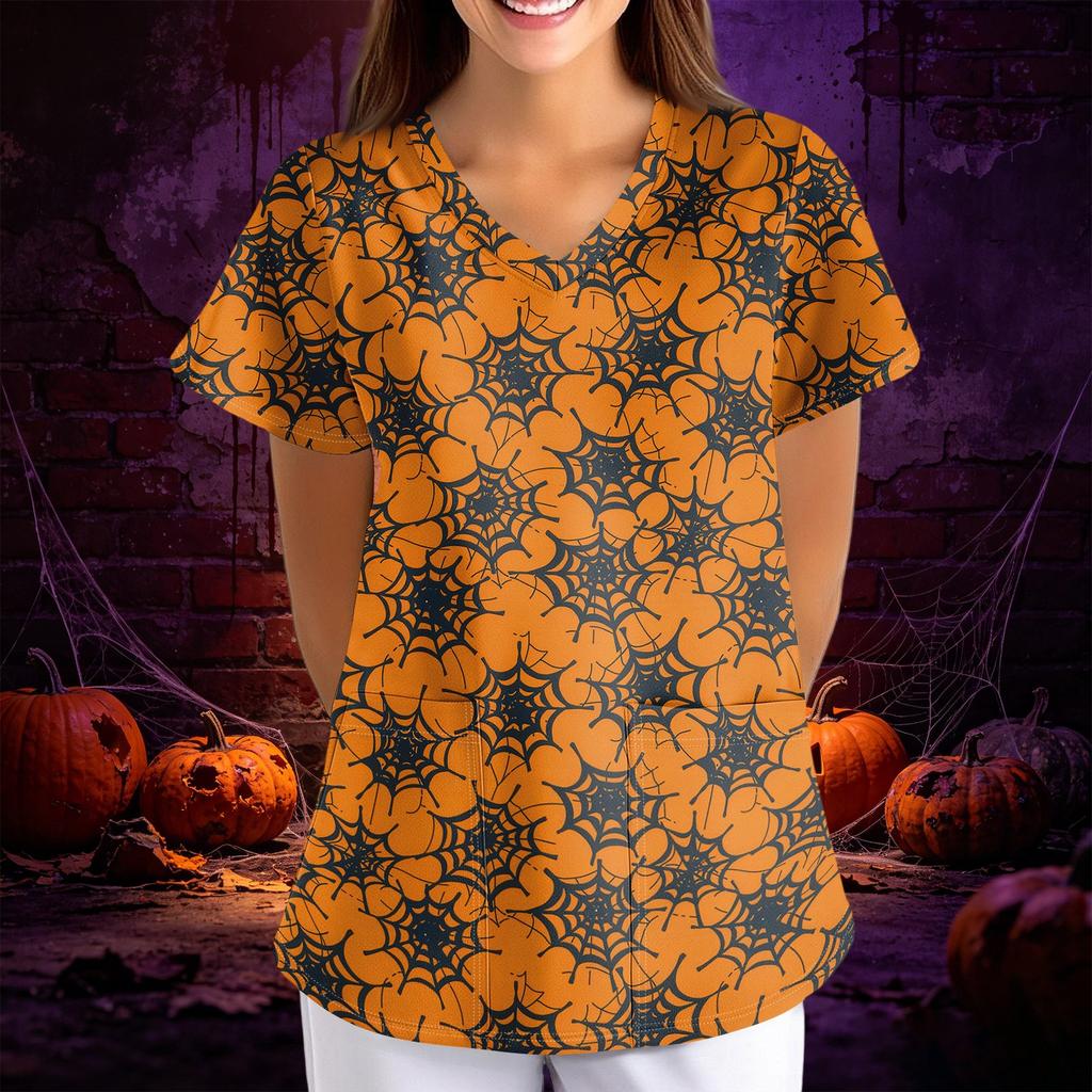 Women Halloween Print Loose Fit V Neck Short Sleeve Scrub Top with Pockets for Healthcare Professionals Comfortable Workwear