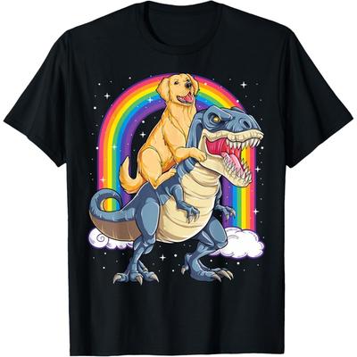 Golden Retriever Riding Dinosaur T Rex Gifts Boys Rainbow T-Shirt