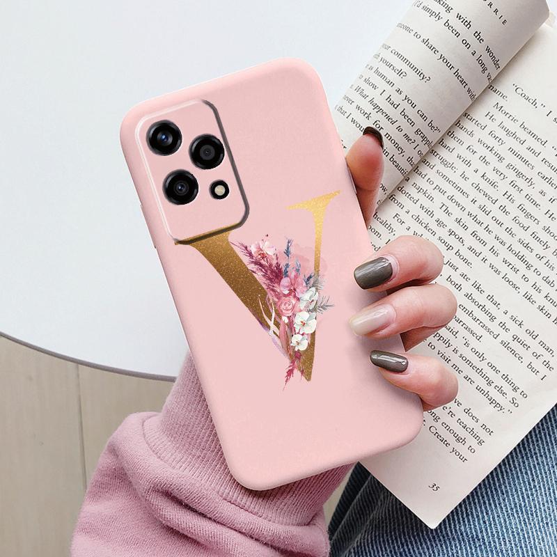 Gold Letter Case For Honor 200 Pro Lite Smart Black Shell Soft Cover For Honor 200Lite Protector Shockproof Funda Pink Flower