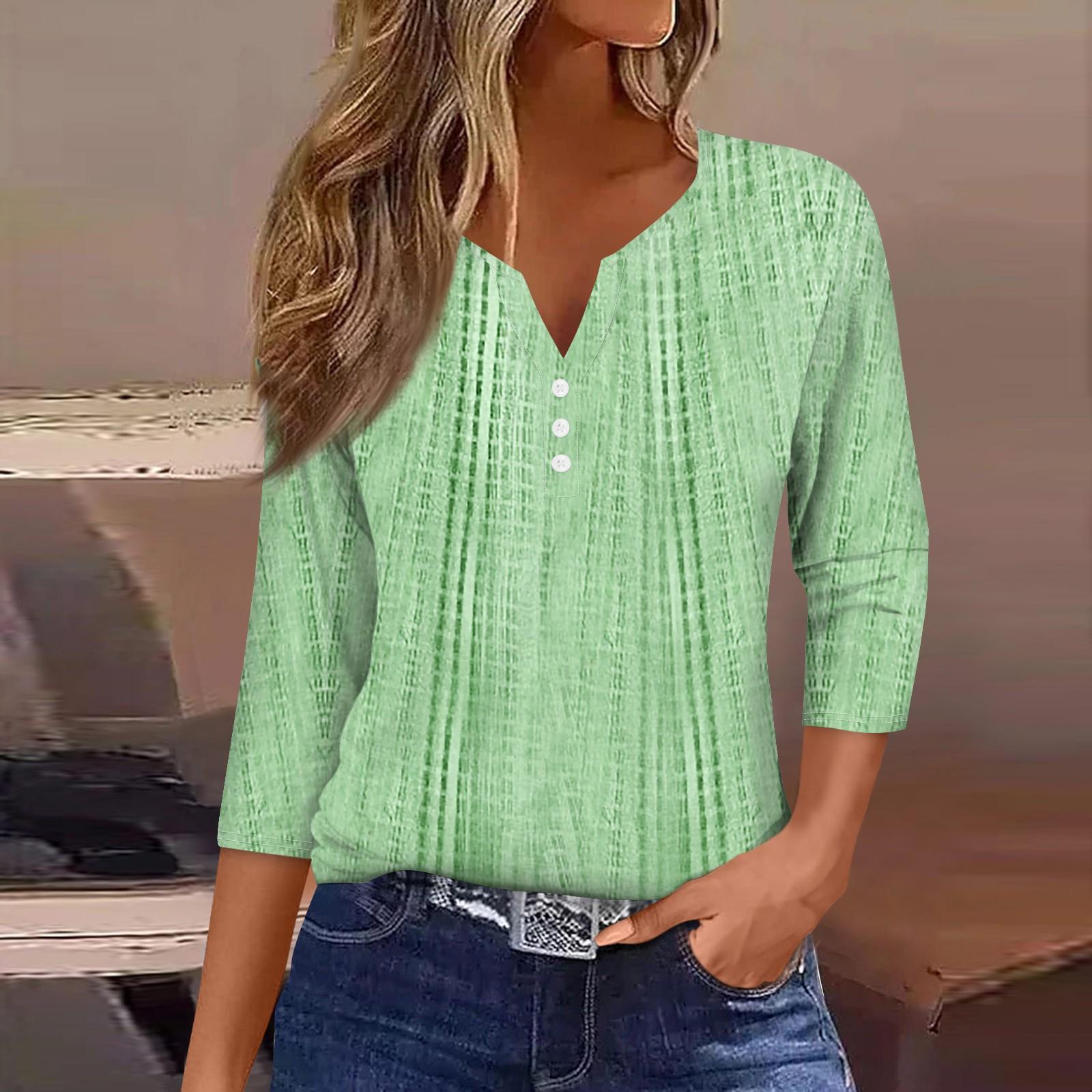 

Women s T Shirt Tee Print Button 3/4 Sleeve Daily Weekend Fashion Basic V- Neck Regular Top XXXL зелений