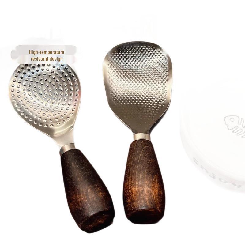 304 Stainless Steel Rice Spoon with Wooden Handle, Non-stick Hammered Texture Design for Kitchen Use