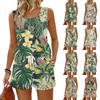 Women Summer Casual Floral Print Tank Top Square Neck Sleeveless Sportswear Set with Pockets Drawstring Waist Shorts