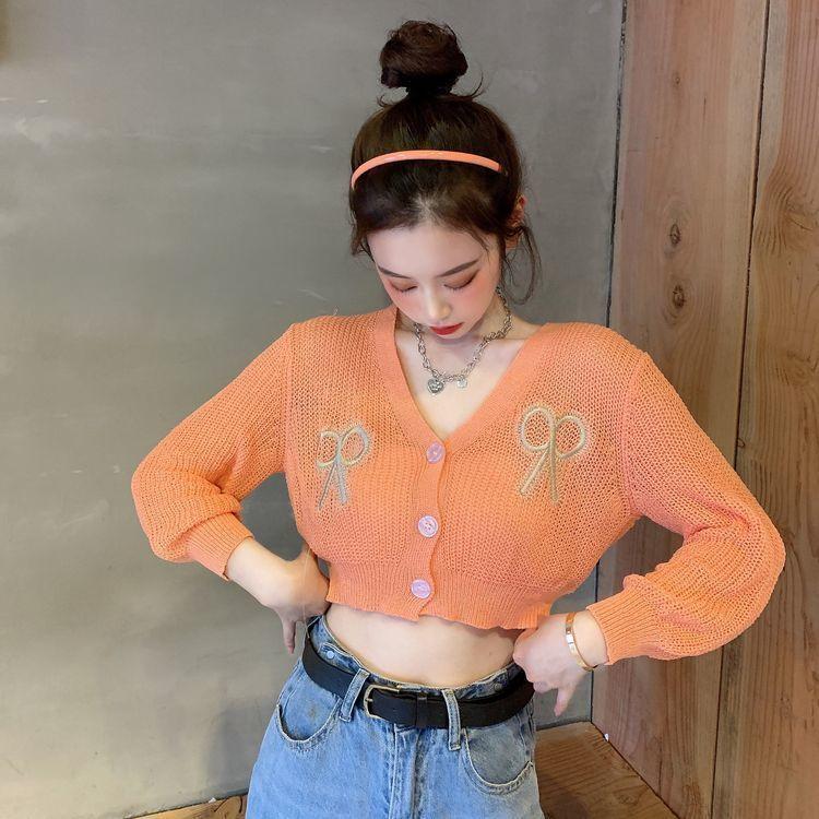 Women's Spring/summer Short Heavy-duty Embroidered Bowknot Thin Sun Protection Long-sleeve Knit Cardigan Top