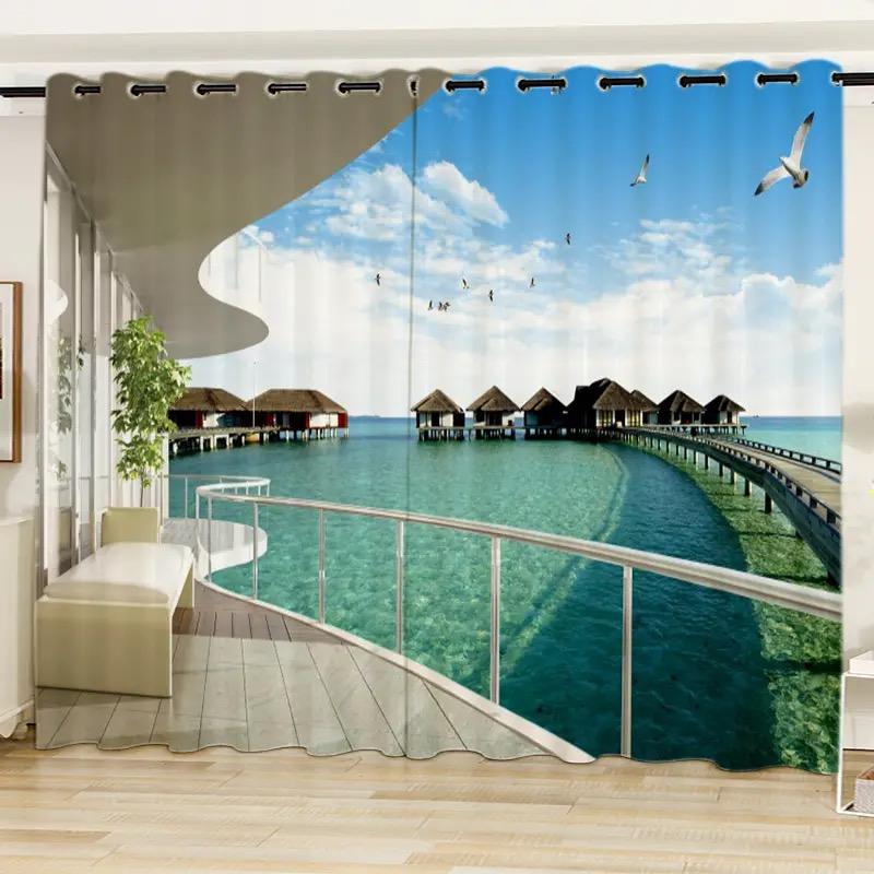 2Panel Blue Sea Curtain Sea Window View Printed Curtain for Bedroom Living Room Floor-to-ceiling Window Kitchen Small Size Drape
