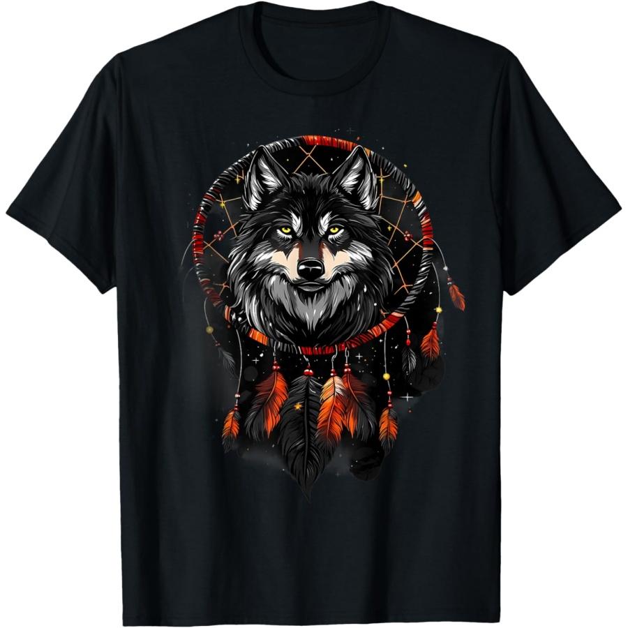 Wolf Native American Feather Headdress Dreamcatcher T-Shirt S