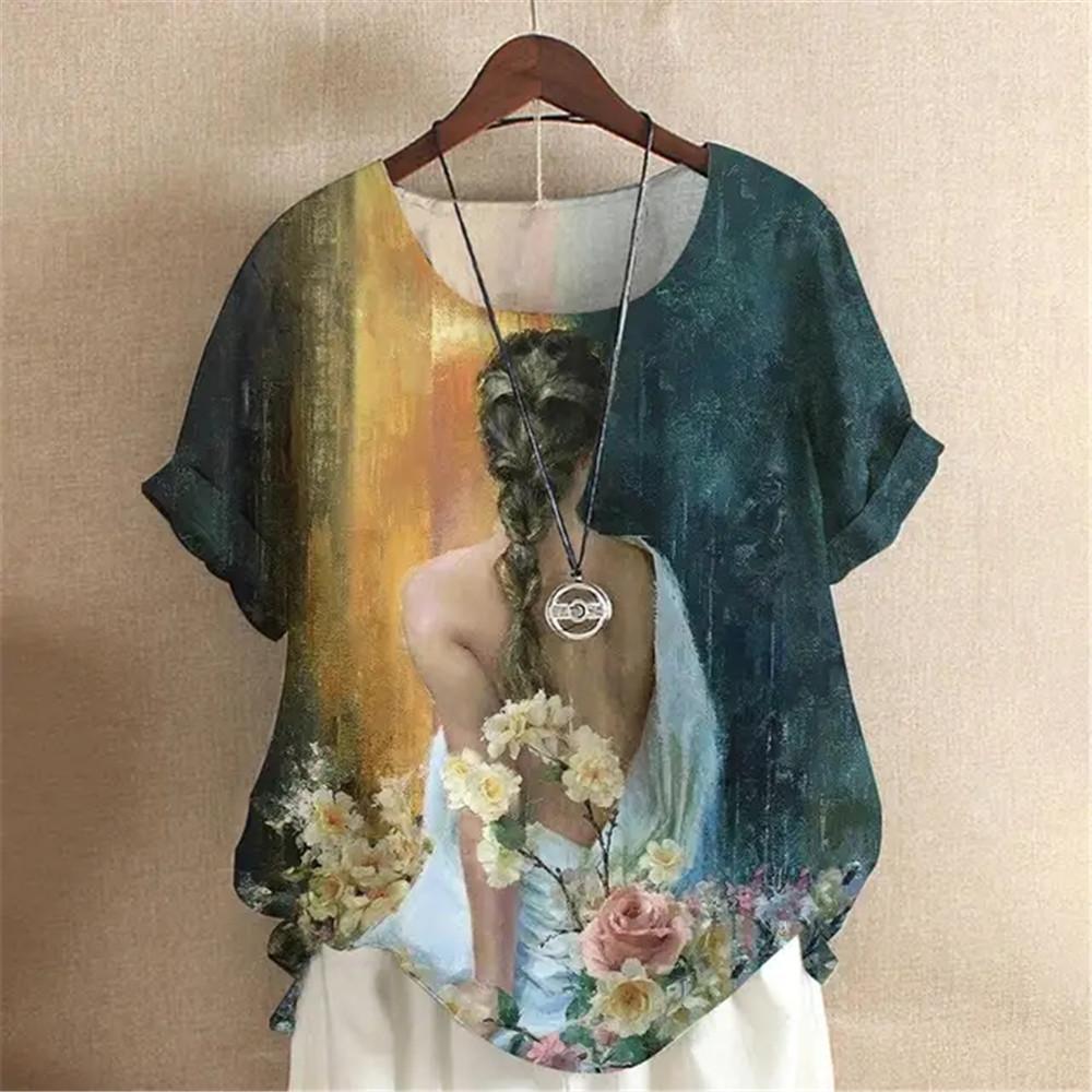Oil Painting Y2k Girls Digital 3D Print Summer Fashion Women T-shirt Short Sleeve Everyday T-shirt Harajuku Vintage Pullover