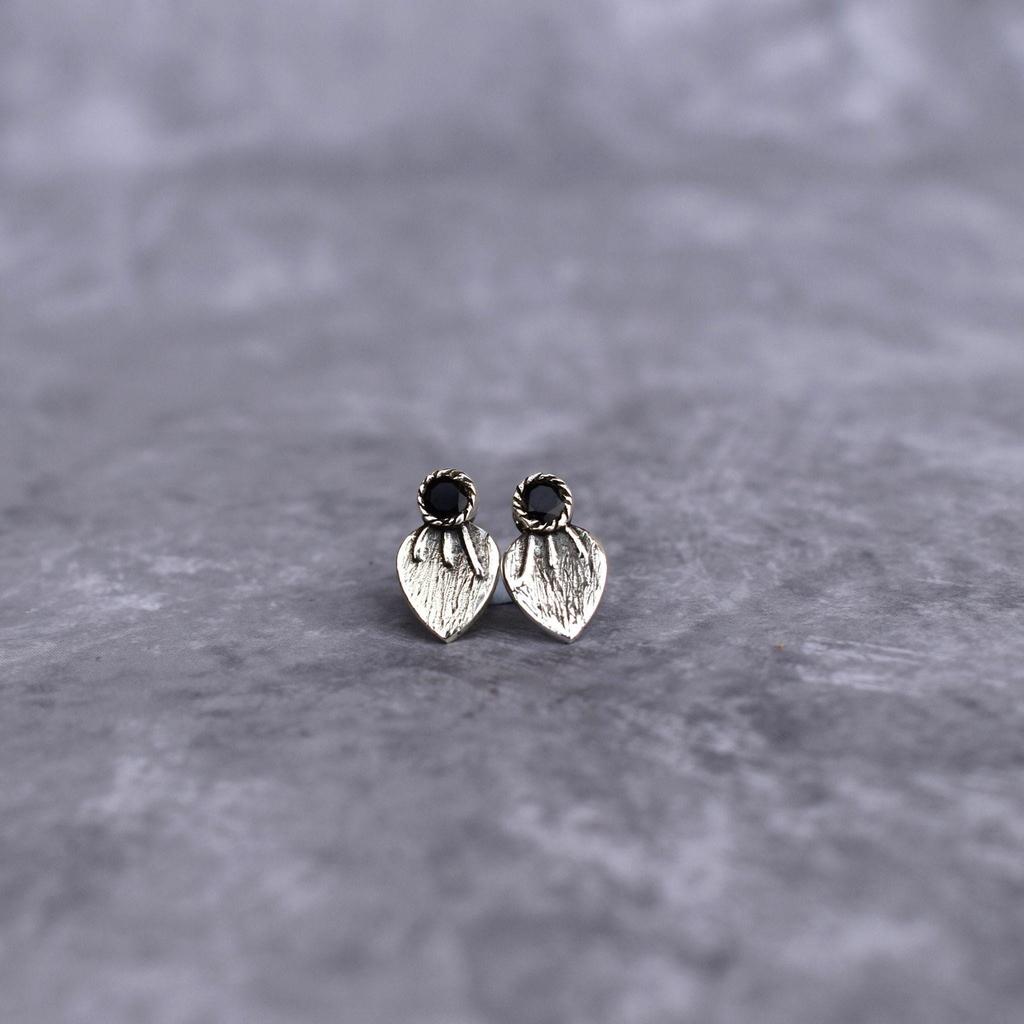 Genuine Black Onyx Studs Earrings Tiny Onyx Leafy Studs Sterling Silver Earrings for Women Black Stone Unique Earrings Bridesmaid Gifts