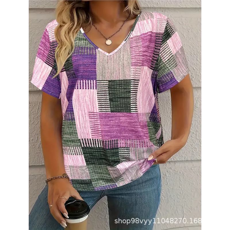 Women V Neck Geometric Patchwork Print Short Sleeve Casual Loose Summer T Shirt Tops