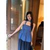 ) Sweet Spice Girl Plaid Neck Ribbon Sling Vest Women's Summer Waist Pleated Sleeveless Top
