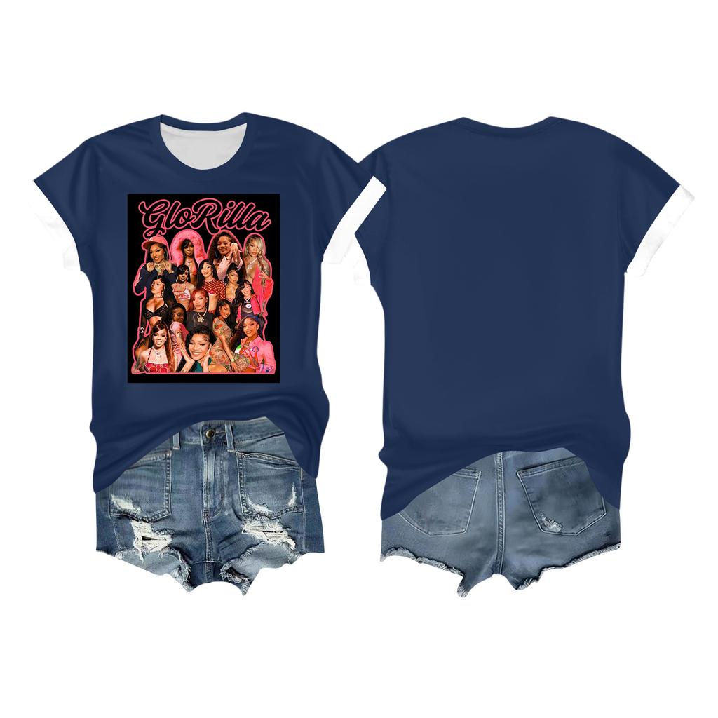 Kvinners avslappet trykket t-skjorte rund hals genser kort ermet topp