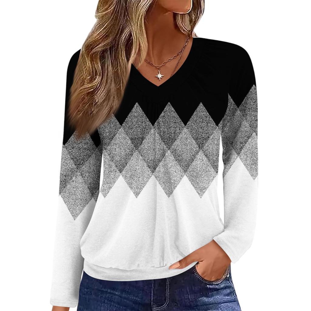 Women's Casual Fashion V-Neck Raglan Pleated Floral Print Long Sleeve Top