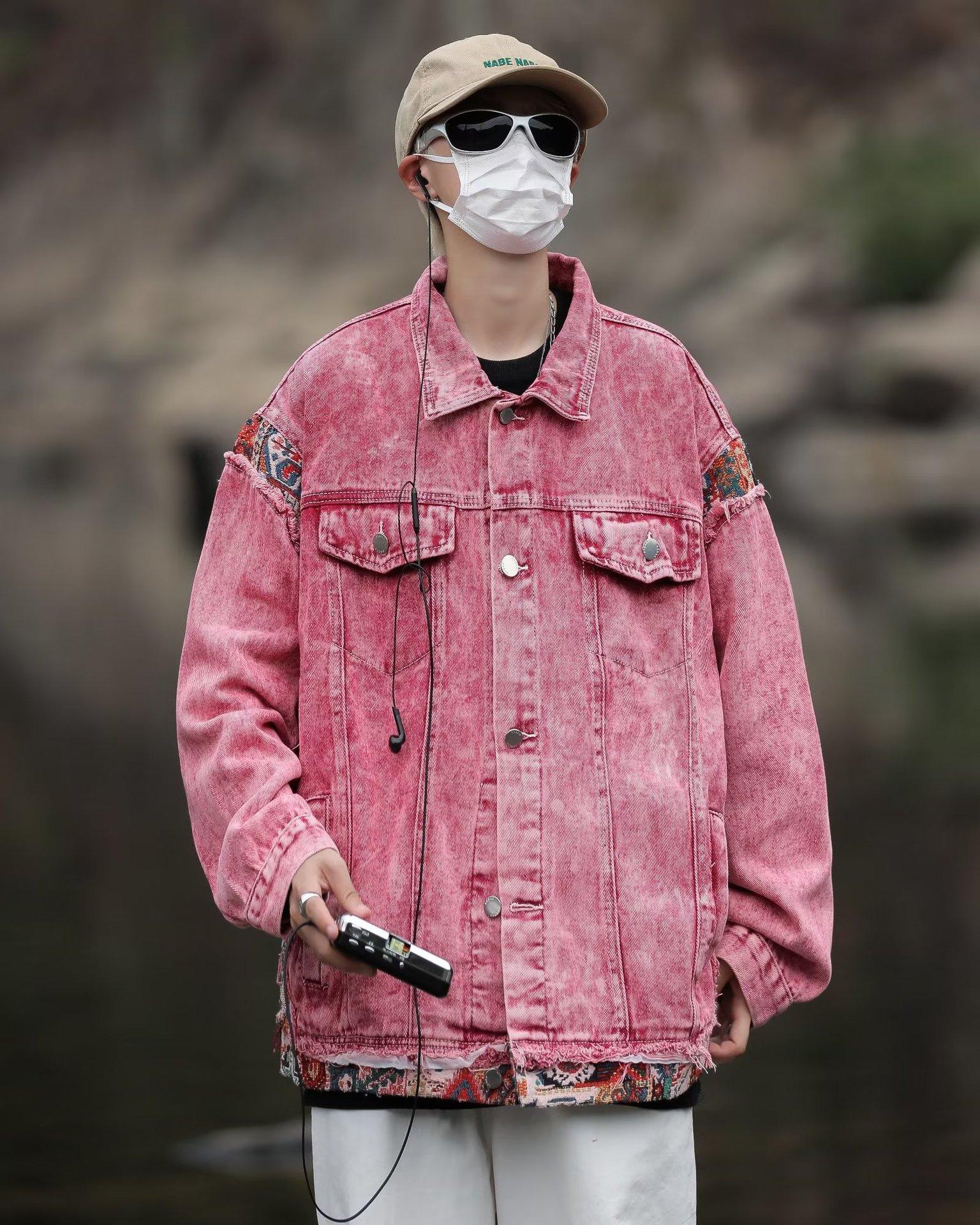 

Модная джинсовая куртка с потертым плетением для мужчин и женщин в гонконгском стиле, дизайнерская красная куртка с грубым краем 2XL розовый