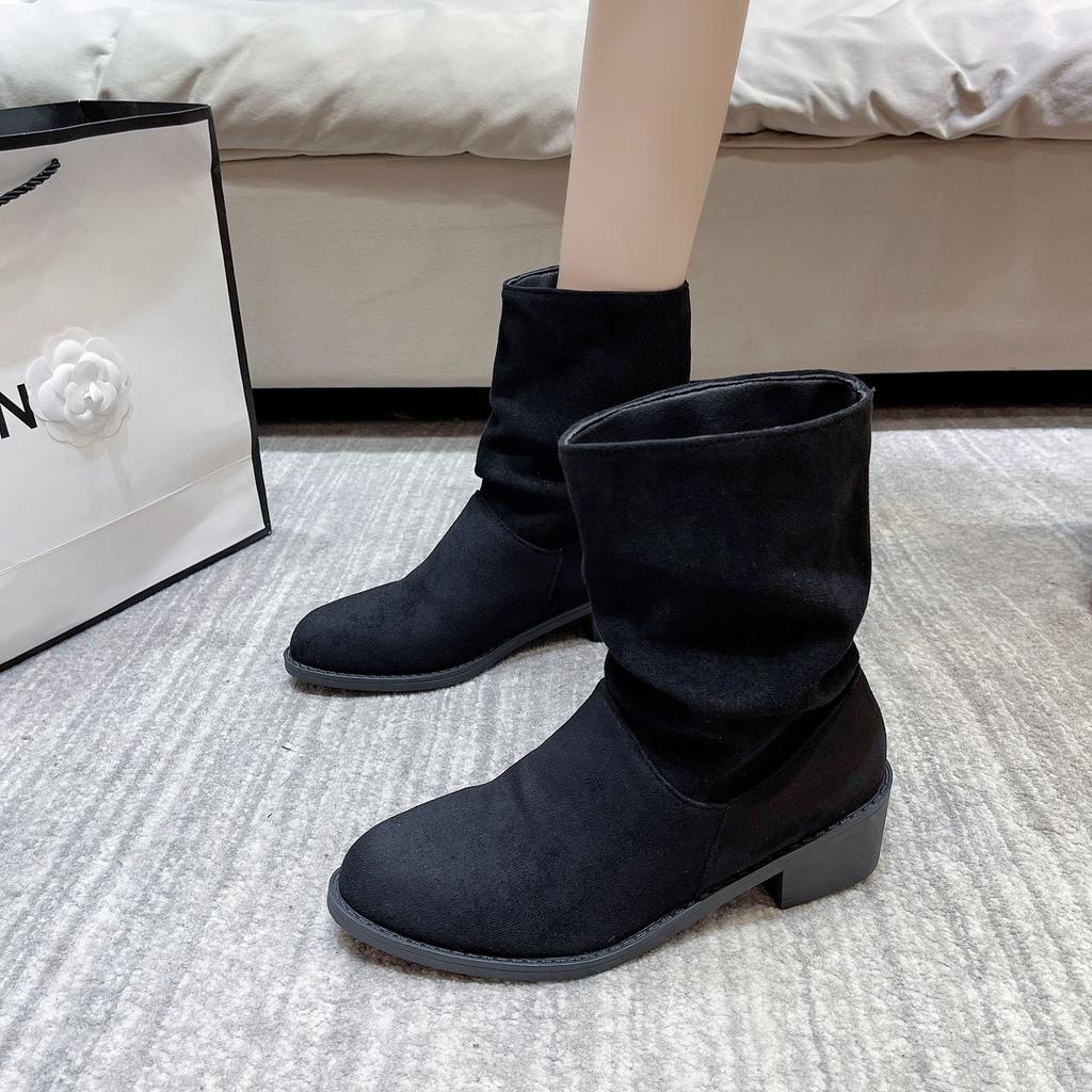 Spring Autumn Womens Ankle Boots 2026 Autumn Fashion New Suede Short Boots Comfortable Non Slip Outdoor Pleated Mid Heeled Shoes