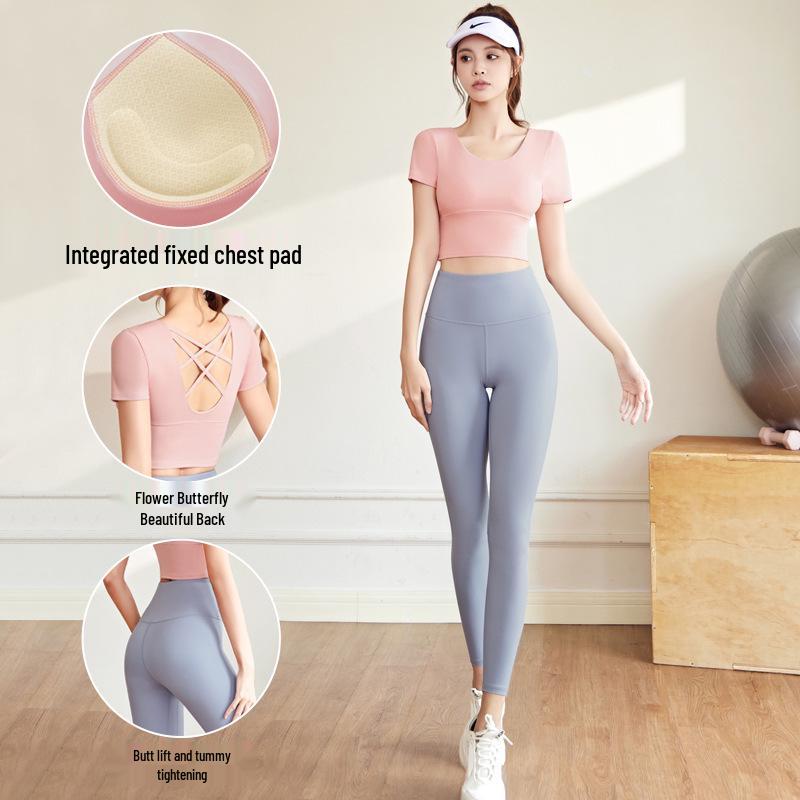 Yoga Slim Fit Criss-Cross Back Sports T-Shirt with Built-in Bra