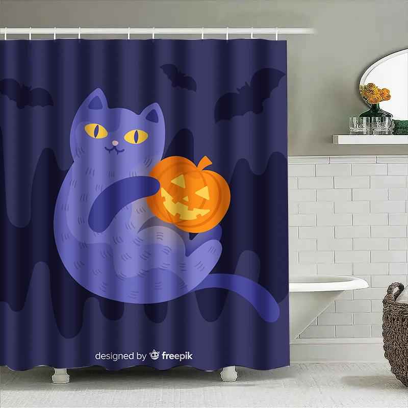 

1Pccute Cartoon Cat Bathroom Shower Curtain Halloween Theme Dark Blue Fabric Spooky Gift For Kids & Adults W60H190(CM)-1 Pcs