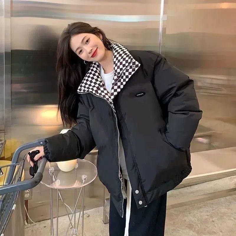 Womens Checkered Puffer Coat BF Style Loose Fit Vintage Winter Cotton Jacket