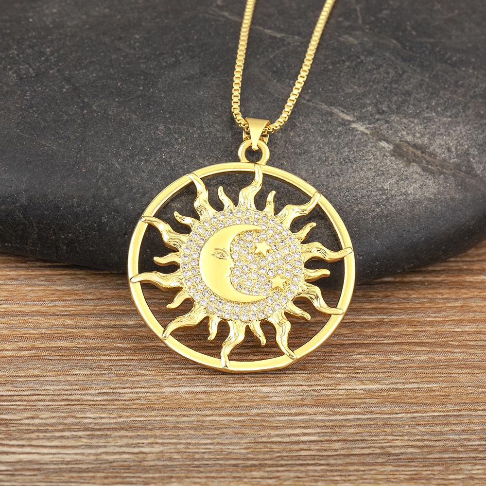AIBEF Light Of Star And Moon Sun Shape Pendant Women Necklace Copper Zircon Western European Style Jewelry Popular Romantic Gift