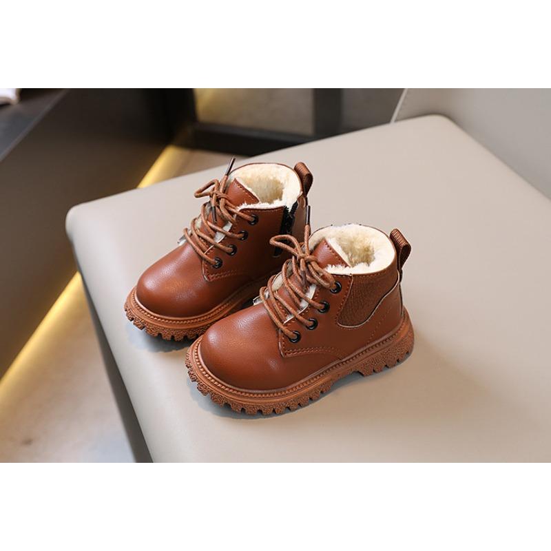 Fashion retro autumn and winter new children's velvet British short boots boys side zipper leather boots girls snow boots