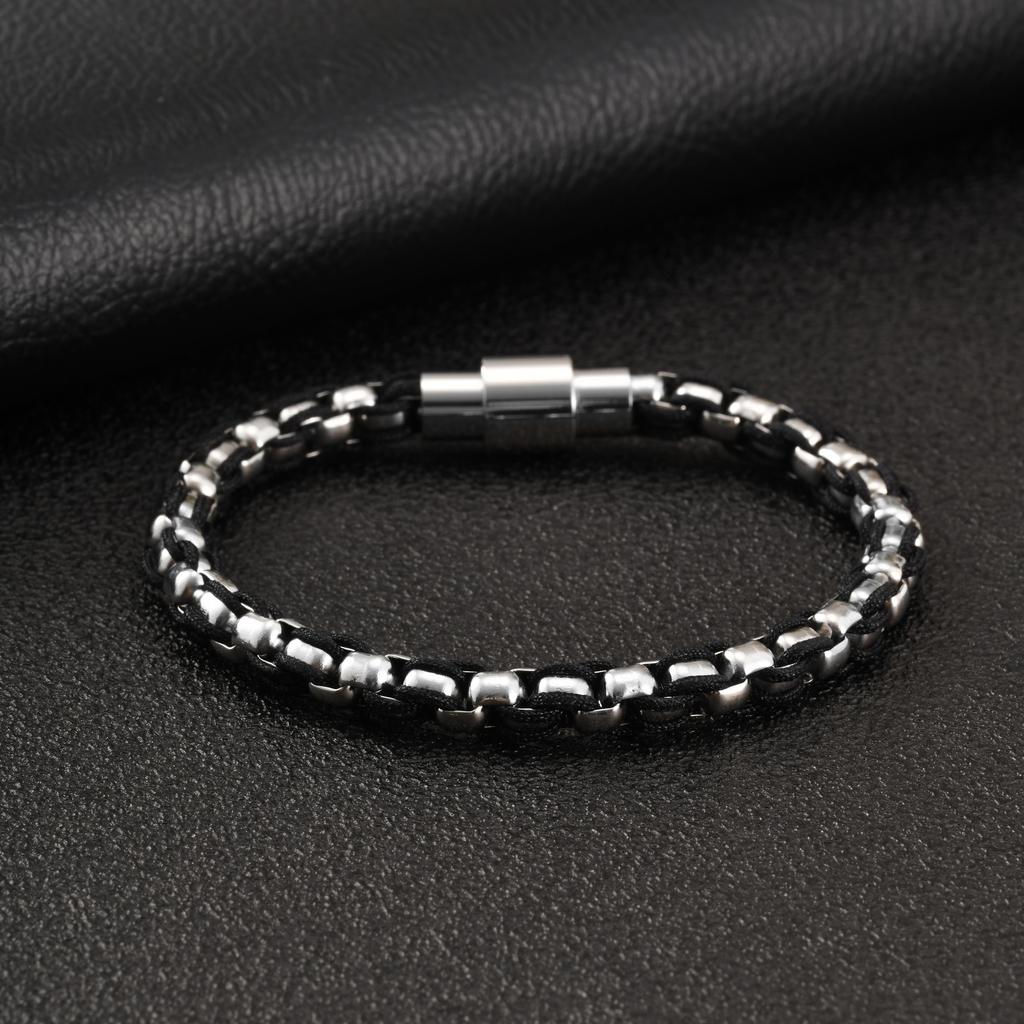 Vnox Stainless Steel Black Nylon Rope Wrap Chain Bracelet for Men Boy, 6mm Wide Box Chain Magnetic Clasp Wristband Jewelry Gifts