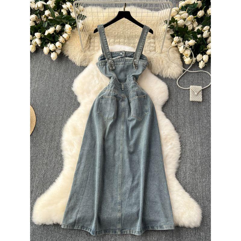 Strap Denim Dress Women's French Style Retro Washed Distressed Single-Breasted Silm Slim Looking Graceful and Fashionable Suspender Dress