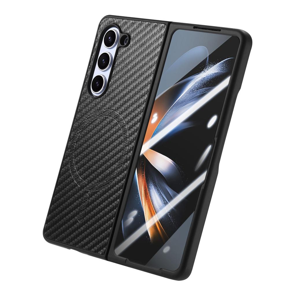 For Samsung Galaxy Z Fold6 5G Magnetic Case Carbon Fiber Texture Leather+PC Cover with Screen Film