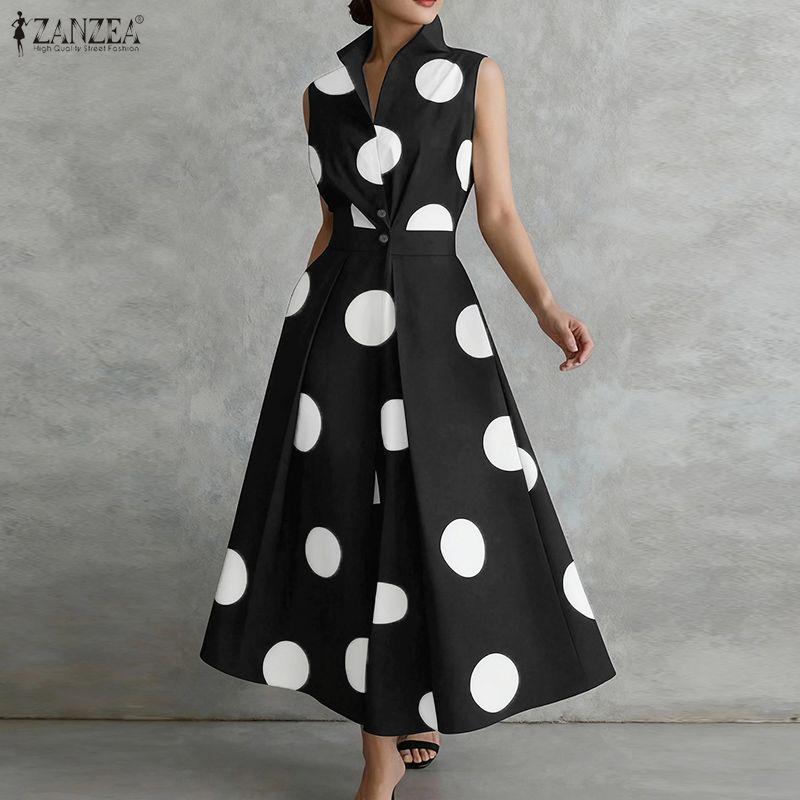 ZANZEA Women Elegant Turn Down Collar Casual Sleeveless Polka Dot Print Dress
