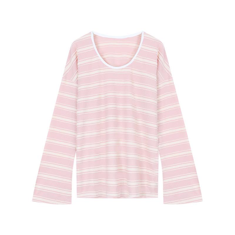 Slack contrasting stripes long-sleeved T-shirt women s spring new loose lazy style chic top ins S