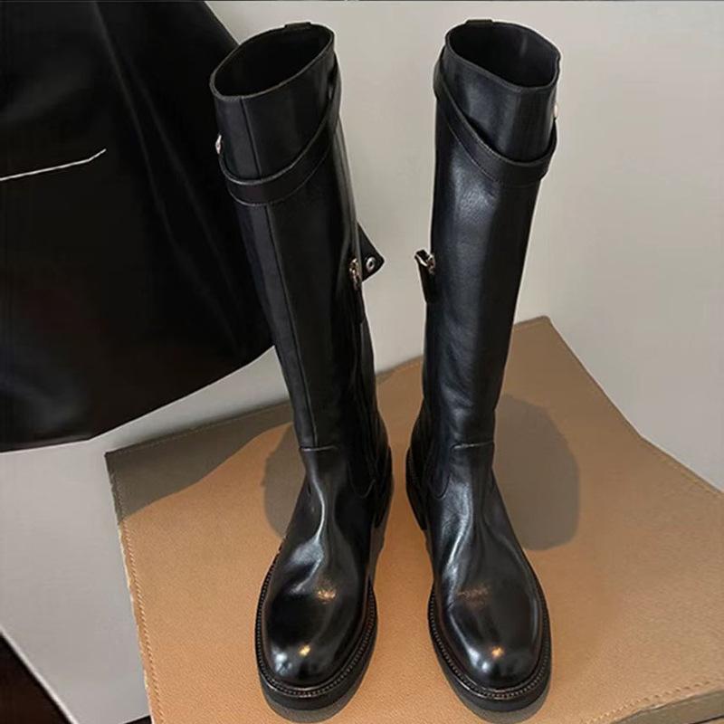 Thick-soled real soft leather boots 2025 autumn and winter new heightened elastic knight boots tall versatile boots
