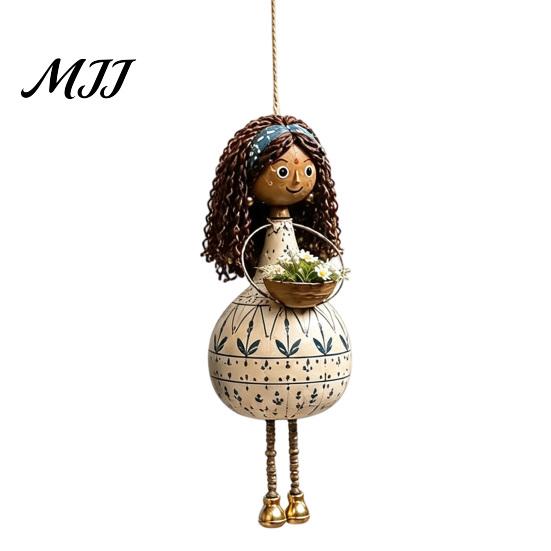 Decorazione Artistica da Interno ed Esterno Mano?Ornamento Appeso Bambola Etnica Dipinta, Ciondolo Stile Popolare con Campanella e Cesto, Statuetta Rustica Fantasiosa per la Casa Boho