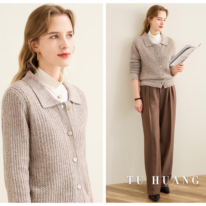 TUHUANG Women's Elegant Thick Pure Wool Lapel Cardigan
