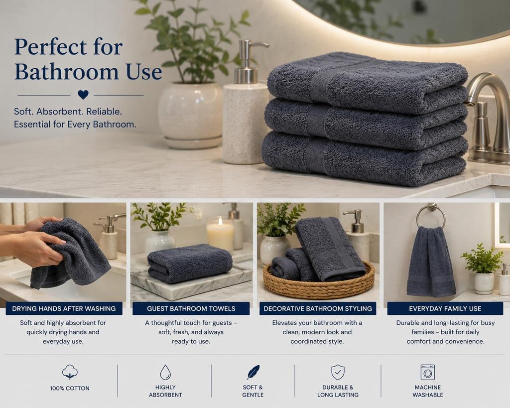 Premium Hand Towels Set of 6 for Bathroom 100% Ring Spun Cotton, 16 X 28 Inches Ultra Soft 550GSM Sustainable, Highly Absorbent, Quick Drying, Towelss